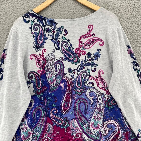 Chicos Sweater Womens 2 US Large Gray Multi Paisley VNeck Pullover Stretch Light - Picture 4 of 11